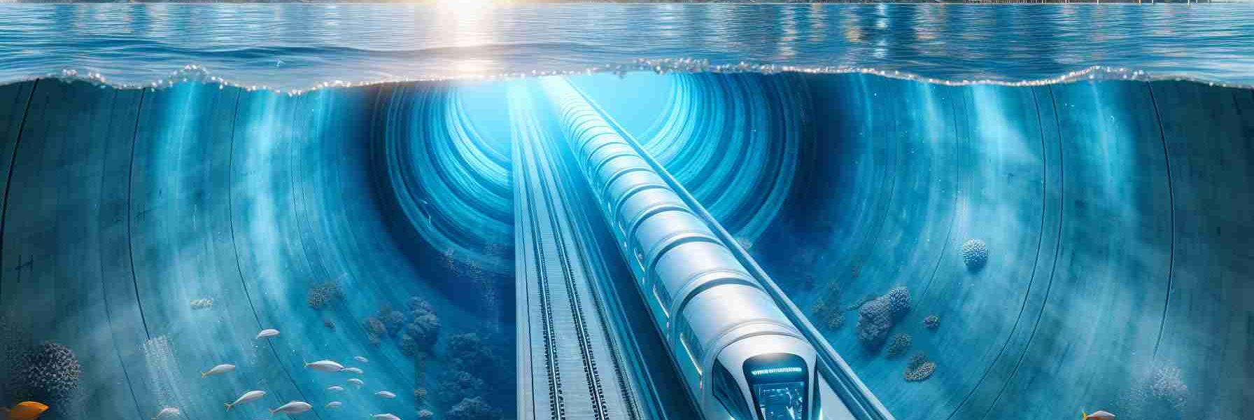 Generate a hyper-realistic, high-definition image of a futuristic concept for an underwater train tunnel. This proposed transportation marvel stretches from Melbourne to Sydney, indicating the possible future of the Australian infrastructure. The image should depict an external view of the underwater tunnel, submerged beneath the ocean, located between the two cities. The tunnel should be aesthetically pleasing and modern in design, constructed with high-tech materials. The encompassing ocean should be clear, an array of sea-life can be seen swimming around. It’s day time, the sunlight percolating down through the water creating a beautiful ambiance.