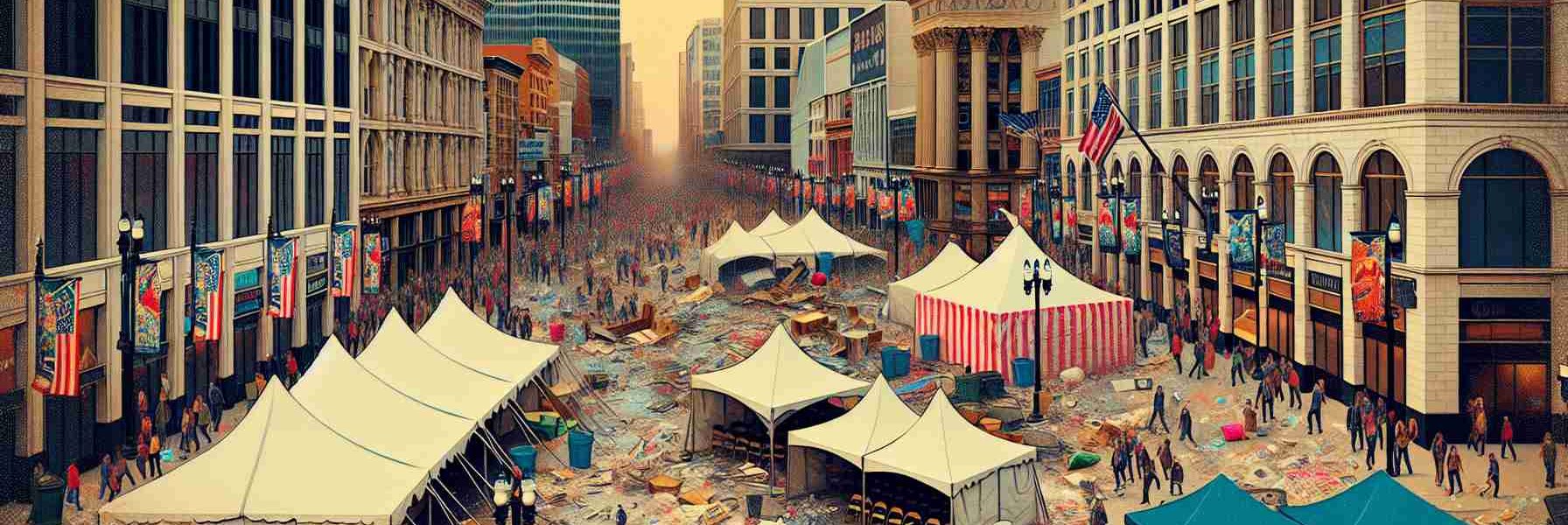 Generate a realistic HD image showing the aftermath of a large, important convention centered in downtown Milwaukee. Visualize the scene with tents and banners of various colors standing around and remnants of posters strewn across. Shops in the background, tall buildings, and the flurry of activity due to workers cleaning up, along with people still lingering, enjoying the end of such an event.