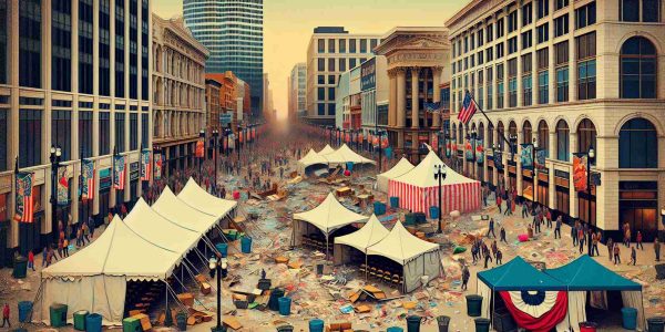 Generate a realistic HD image showing the aftermath of a large, important convention centered in downtown Milwaukee. Visualize the scene with tents and banners of various colors standing around and remnants of posters strewn across. Shops in the background, tall buildings, and the flurry of activity due to workers cleaning up, along with people still lingering, enjoying the end of such an event.