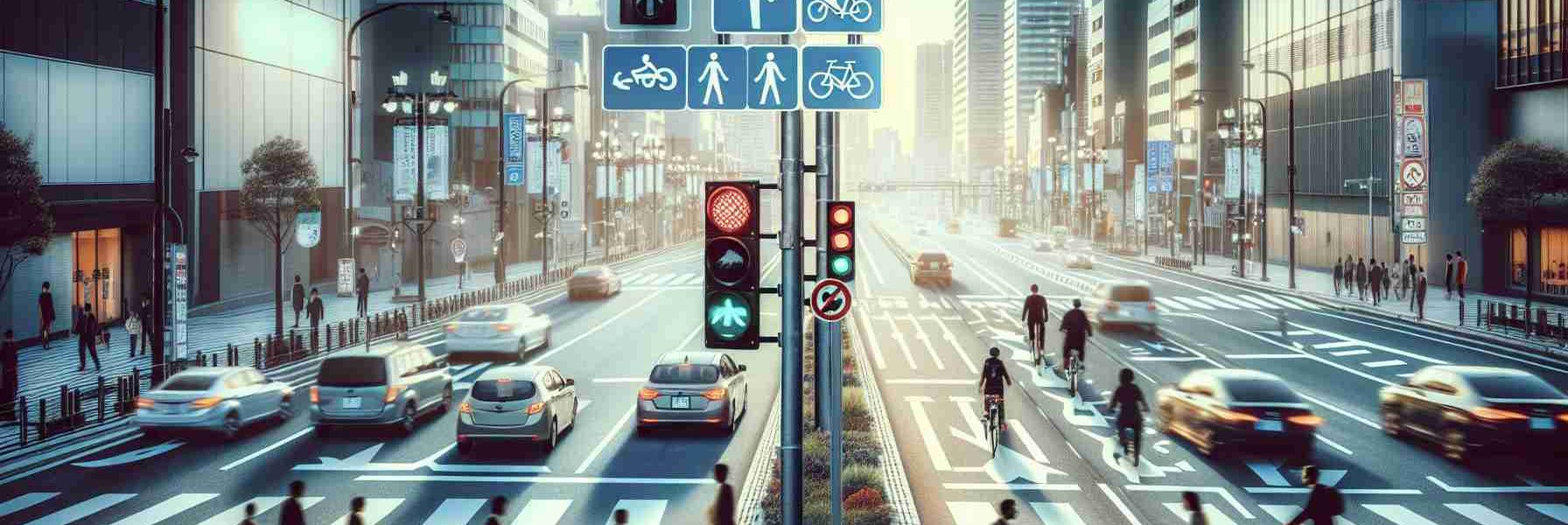 Generate a high-definition image illustrating new traffic measures that have been implemented for safer commutes. The image should showcase clearly marked lanes, new traffic lights, pedestrian crosswalks with pedestrian signals, cycling tracks separate from the main road, and clear road signs offering guidance to drivers, pedestrians, and cyclists alike. Ensure the environment is urban and the streets are occupied by a diverse range of people commuting to and from work.