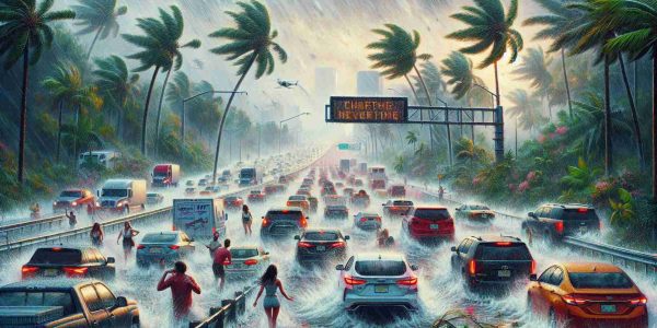 Generate a highly detailed and realistic image of the impact of weather on travel in South Florida. The scene should depict a bustling highway with cars and trucks, all under a heavy downpour, causing slight flooding on the roads. Palm trees sway violently in the wind, and passengers inside the vehicles have concerned expressions on their faces. To the side, an electronic road sign blinks with a warning about challenging driving conditions due to the weather.