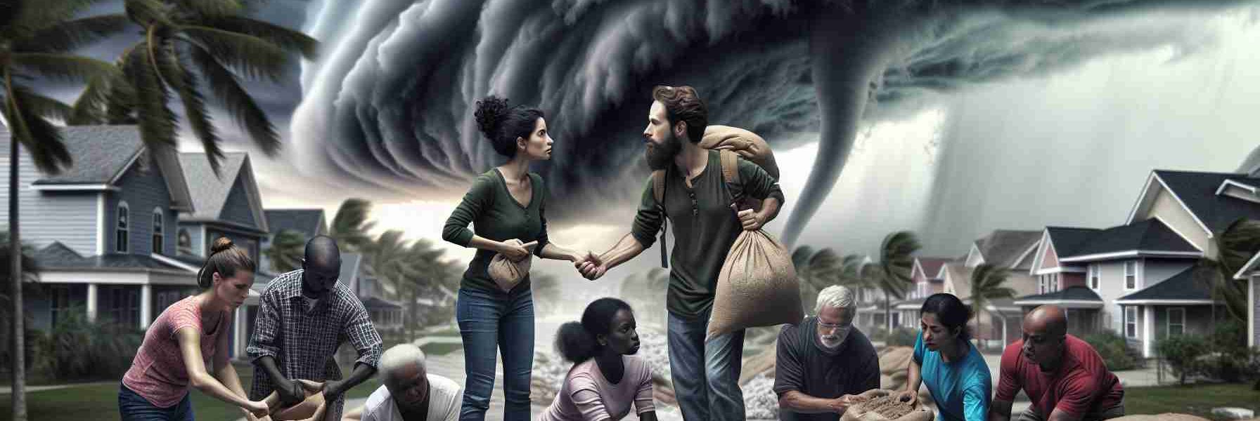 Generate a highly detailed and realistic portrayal of a diverse community banding together ahead of an approaching cyclone. In the foreground, a Hispanic female and a Middle-Eastern male are coordinating efforts, distributing sandbags to fortify their homes against the storm. You can see a range of racial backgrounds: Caucasian males and females, Black males and females, South Asian males and females, all cooperating, stacking sandbags, and securing their homes. In the background, ominous clouds gather, casting a dark grey veil over the scene, offering a stark contrast to the community's determined unity.