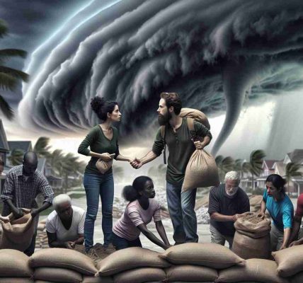 Generate a highly detailed and realistic portrayal of a diverse community banding together ahead of an approaching cyclone. In the foreground, a Hispanic female and a Middle-Eastern male are coordinating efforts, distributing sandbags to fortify their homes against the storm. You can see a range of racial backgrounds: Caucasian males and females, Black males and females, South Asian males and females, all cooperating, stacking sandbags, and securing their homes. In the background, ominous clouds gather, casting a dark grey veil over the scene, offering a stark contrast to the community's determined unity.