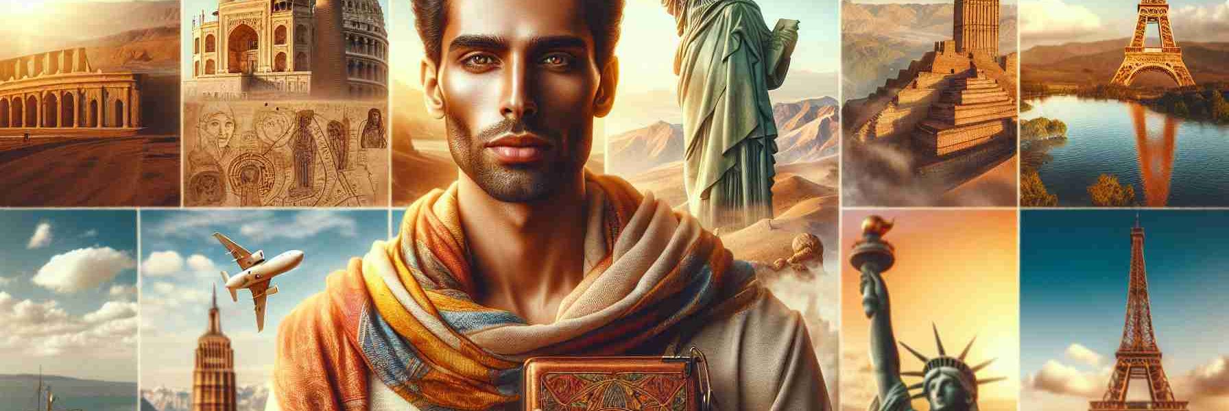 Create a hyper-realistic high-definition image of an Egyptian man, with a warm, sun-kissed skin and dark hair, proudly standing in front of world-famous landmarks, showcasing the culmination of his remarkable global journey. The man brings a spark of wanderlust in his eyes and carries a small journal, which appears to be filled with his surviving memories of his travel. Scenes from his journey including the majestic Eiffel Tower in Paris, the Great Wall of China, the Statue of Liberty in New York, and the Colosseum in Rome can be seen clearly in the background. Each landmark represents a major milestone in his awe-inspiring journey.