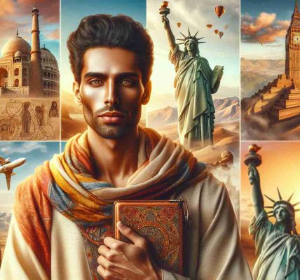 Create a hyper-realistic high-definition image of an Egyptian man, with a warm, sun-kissed skin and dark hair, proudly standing in front of world-famous landmarks, showcasing the culmination of his remarkable global journey. The man brings a spark of wanderlust in his eyes and carries a small journal, which appears to be filled with his surviving memories of his travel. Scenes from his journey including the majestic Eiffel Tower in Paris, the Great Wall of China, the Statue of Liberty in New York, and the Colosseum in Rome can be seen clearly in the background. Each landmark represents a major milestone in his awe-inspiring journey.