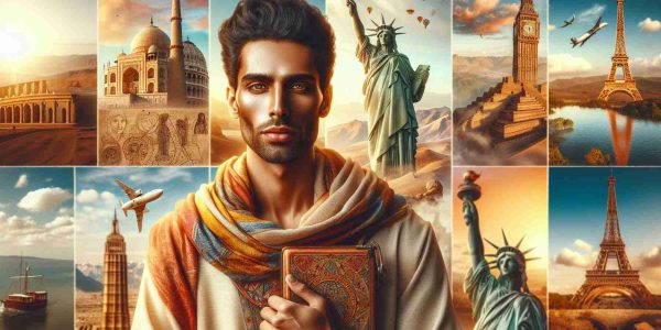 Create a hyper-realistic high-definition image of an Egyptian man, with a warm, sun-kissed skin and dark hair, proudly standing in front of world-famous landmarks, showcasing the culmination of his remarkable global journey. The man brings a spark of wanderlust in his eyes and carries a small journal, which appears to be filled with his surviving memories of his travel. Scenes from his journey including the majestic Eiffel Tower in Paris, the Great Wall of China, the Statue of Liberty in New York, and the Colosseum in Rome can be seen clearly in the background. Each landmark represents a major milestone in his awe-inspiring journey.