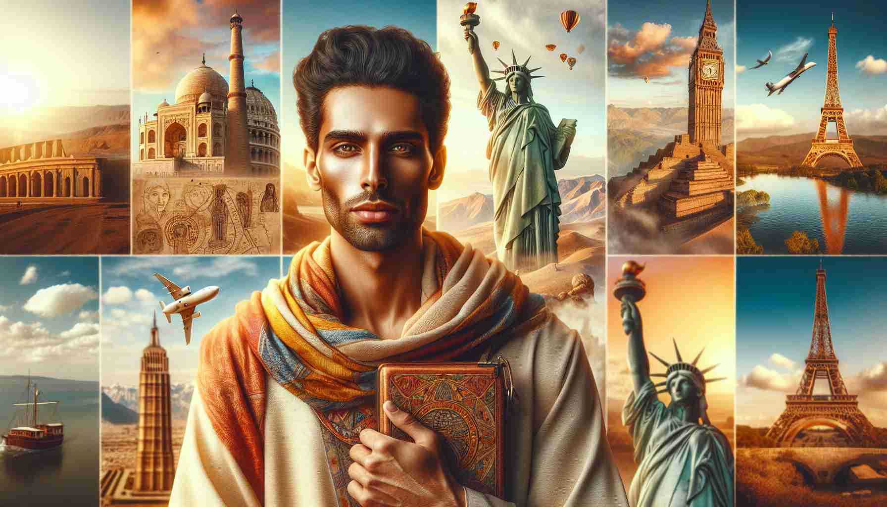 Create a hyper-realistic high-definition image of an Egyptian man, with a warm, sun-kissed skin and dark hair, proudly standing in front of world-famous landmarks, showcasing the culmination of his remarkable global journey. The man brings a spark of wanderlust in his eyes and carries a small journal, which appears to be filled with his surviving memories of his travel. Scenes from his journey including the majestic Eiffel Tower in Paris, the Great Wall of China, the Statue of Liberty in New York, and the Colosseum in Rome can be seen clearly in the background. Each landmark represents a major milestone in his awe-inspiring journey.