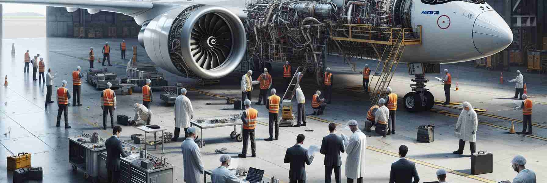 Generate a detailed, high-resolution image depicting an investigation scene centered on engine issues of an Airbus A350 aircraft. This scene should comprise of a parked Airbus A350 at an airport hangar, with safety officials - a diverse group made up of both males and females from a variety of descents such as Caucasian, Asian, and Black - meticulously examining the aircraft engine. The atmosphere should be serious and studious, with various technical tools scattered around the site, and the investigators conducting their duties with great attention to detail.