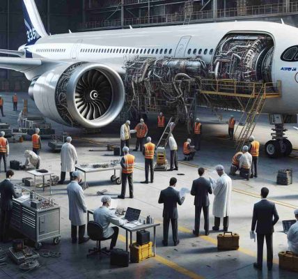 Generate a detailed, high-resolution image depicting an investigation scene centered on engine issues of an Airbus A350 aircraft. This scene should comprise of a parked Airbus A350 at an airport hangar, with safety officials - a diverse group made up of both males and females from a variety of descents such as Caucasian, Asian, and Black - meticulously examining the aircraft engine. The atmosphere should be serious and studious, with various technical tools scattered around the site, and the investigators conducting their duties with great attention to detail.