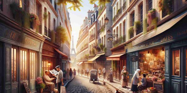 Create a highly detailed, realistic image showcasing an unseen aspect of a city renowned for romance. Visualize narrow cobblestone alleyways, lined with picturesque historical buildings of various colors, centuries-old cafes and charming boutiques. Locals of diverse backgrounds, including a Caucasian man reading a newspaper at a café, a Middle-Eastern woman picking fresh flowers from a corner florist, and a South Asian child playing with a toy in the street, contribute to the lively atmosphere. The warm sunlight filters through the leaves of the trees overhead, casting a golden hue, and the Eiffel Tower is visible in the far distance, marking the city as Paris.