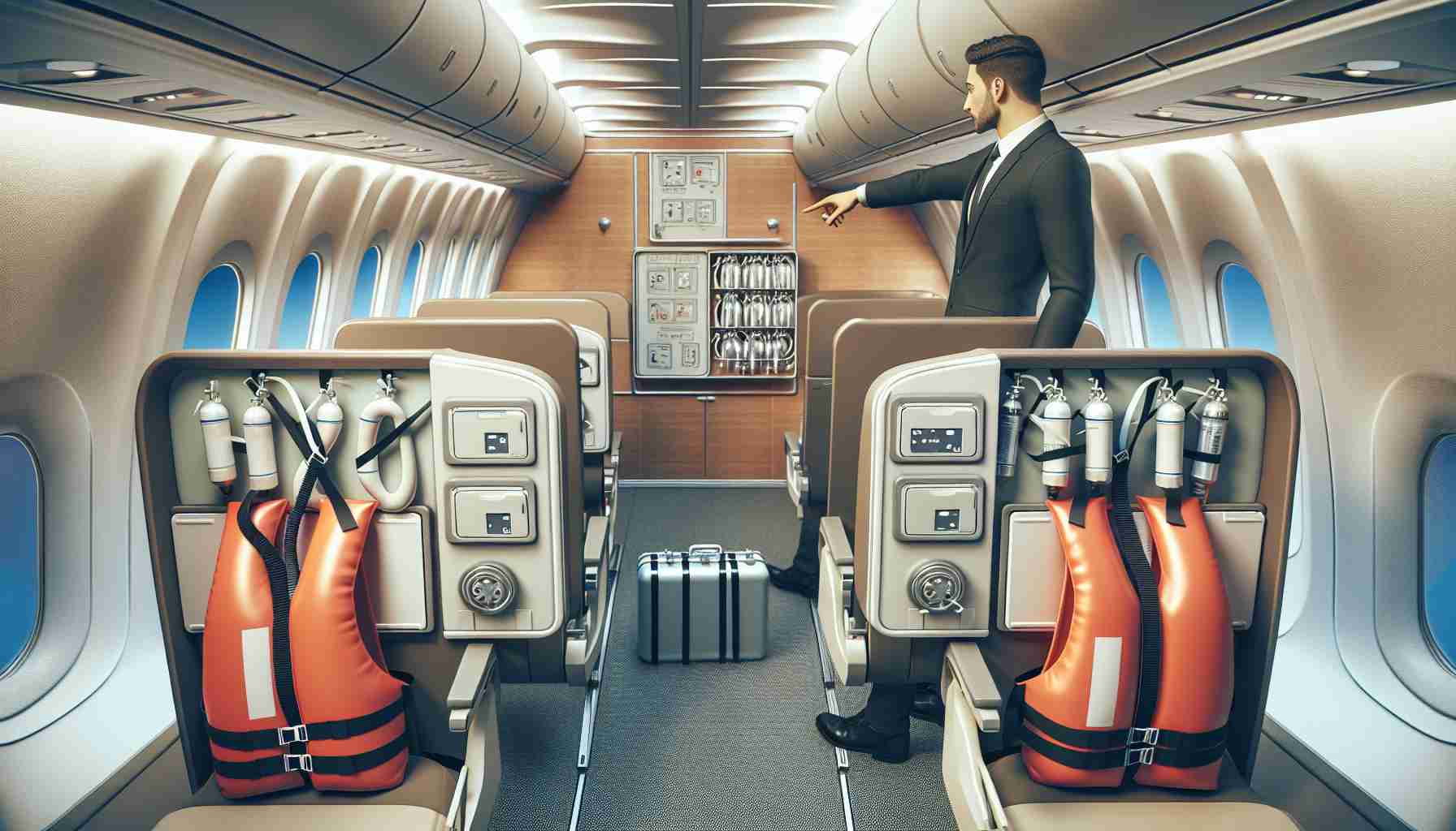 High-resolution imagery illustrating the safety concerns of a generic airline in the southwest. The image should depict realistic scenes, such as the interior of an airplane displaying safety measures like oxygen masks, life jackets under the seats, and emergency exits. Also, consider including an airline staff member pointing out the safety features to the passengers