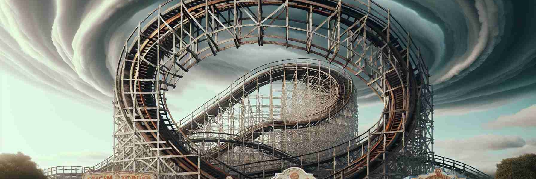 Generate a hyperrealistic high-definition image of an iconic wooden rollercoaster structure, known for its historic, cyclone-style design. The rollercoaster has unexpectedly come to a standstill, creating an atmosphere of uncertainty for its future. The sky in the background is filled with grey clouds, symbolizing the looming trouble. The landscape around is filled with empty snack stalls and ticket booths, showing vacuity. Include noticeable wear and tear in the structure, emphasizing the sense of an 'uncertain future'.