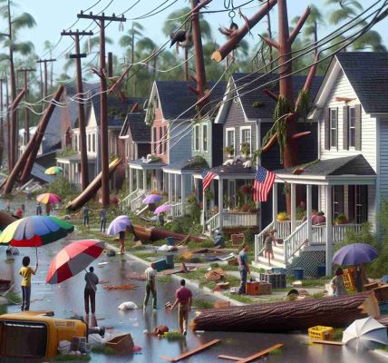 A high-resolution, realistic image of a weather aftermath in Central North Carolina. Depict the heavy impact of recent weather events showcasing signs like fallen trees, scattered debris, water puddles, sagging power lines and even houses with boarded-up windows. Populate the scene with inhabitants of various descents including Caucasian, Black and Hispanic, using umbrellas, salvaging belongings, or repairing damage showcasing resilience and community spirit in the face of disaster.