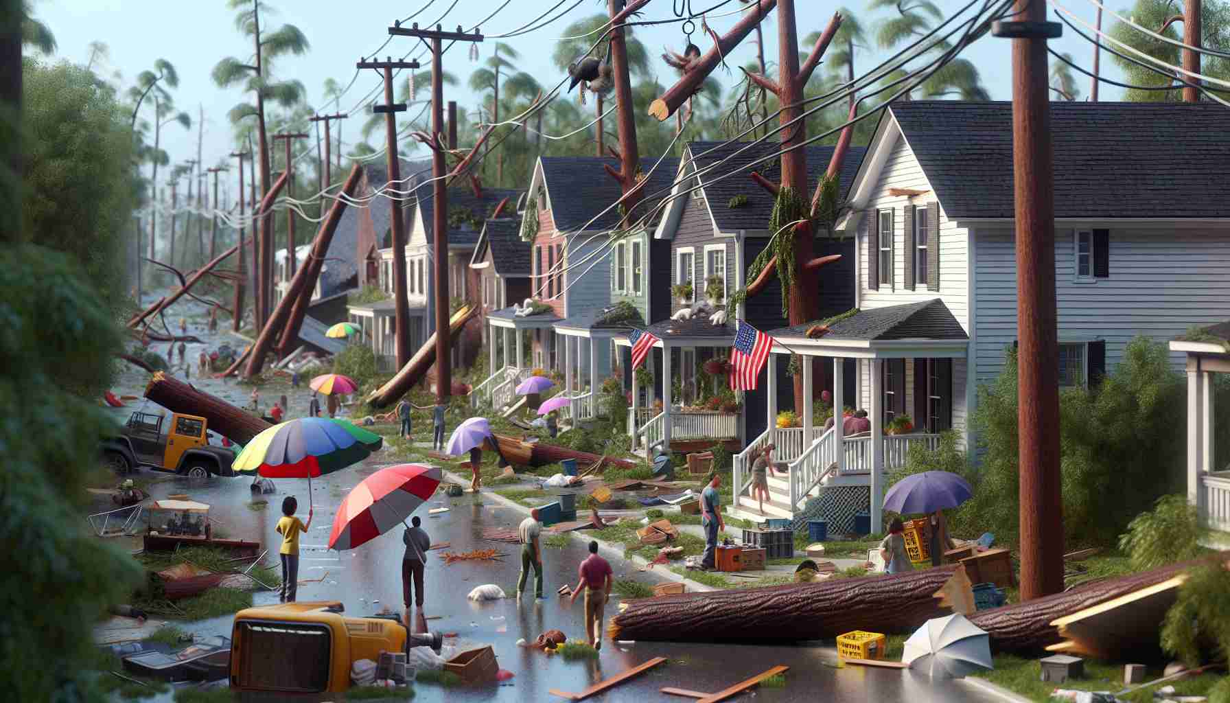 A high-resolution, realistic image of a weather aftermath in Central North Carolina. Depict the heavy impact of recent weather events showcasing signs like fallen trees, scattered debris, water puddles, sagging power lines and even houses with boarded-up windows. Populate the scene with inhabitants of various descents including Caucasian, Black and Hispanic, using umbrellas, salvaging belongings, or repairing damage showcasing resilience and community spirit in the face of disaster.