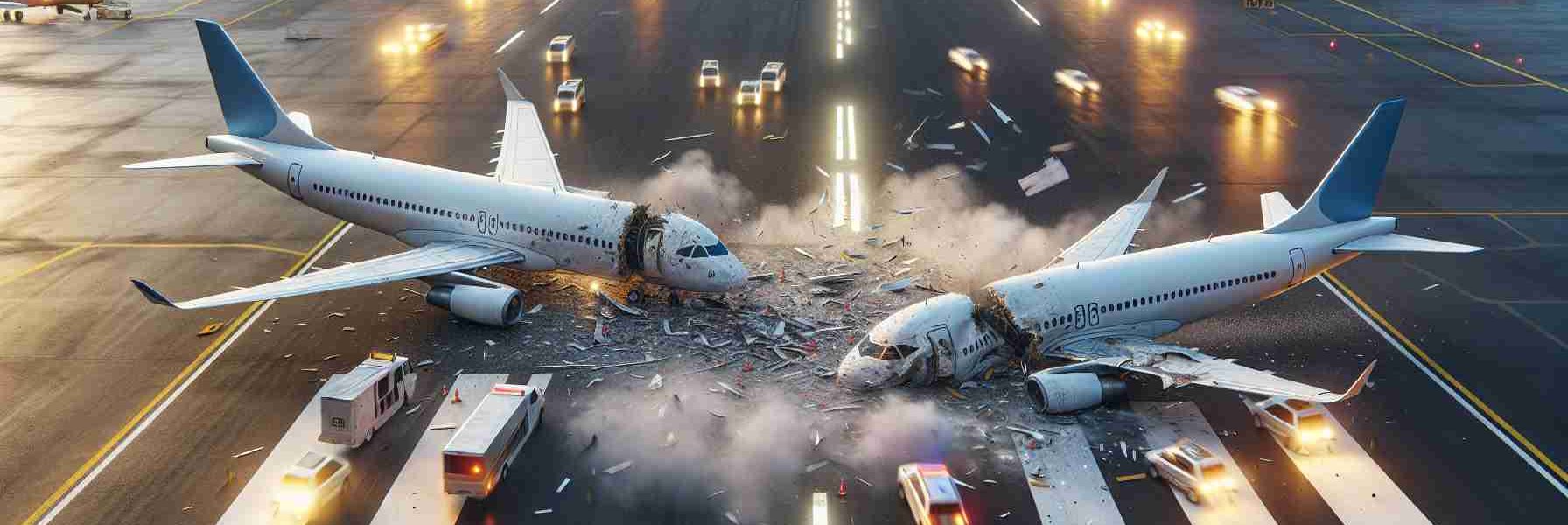 Realistic, high-definition image of two generic airplanes getting involved in a collision on an airport runway, causing shock among the pilots. Accurate details such as the shattered pieces of the airplanes, the skid marks on the runway's tarmac, the flickering warning lights, and the shocked expressions of the pilots could be seen. However, no logos or airline-specific identifiers would be present on the planes or the airport infrastructure.