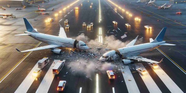 Realistic, high-definition image of two generic airplanes getting involved in a collision on an airport runway, causing shock among the pilots. Accurate details such as the shattered pieces of the airplanes, the skid marks on the runway's tarmac, the flickering warning lights, and the shocked expressions of the pilots could be seen. However, no logos or airline-specific identifiers would be present on the planes or the airport infrastructure.