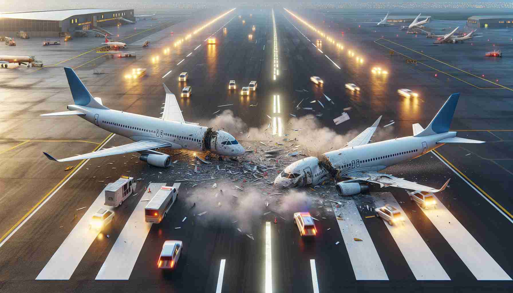 Realistic, high-definition image of two generic airplanes getting involved in a collision on an airport runway, causing shock among the pilots. Accurate details such as the shattered pieces of the airplanes, the skid marks on the runway's tarmac, the flickering warning lights, and the shocked expressions of the pilots could be seen. However, no logos or airline-specific identifiers would be present on the planes or the airport infrastructure.