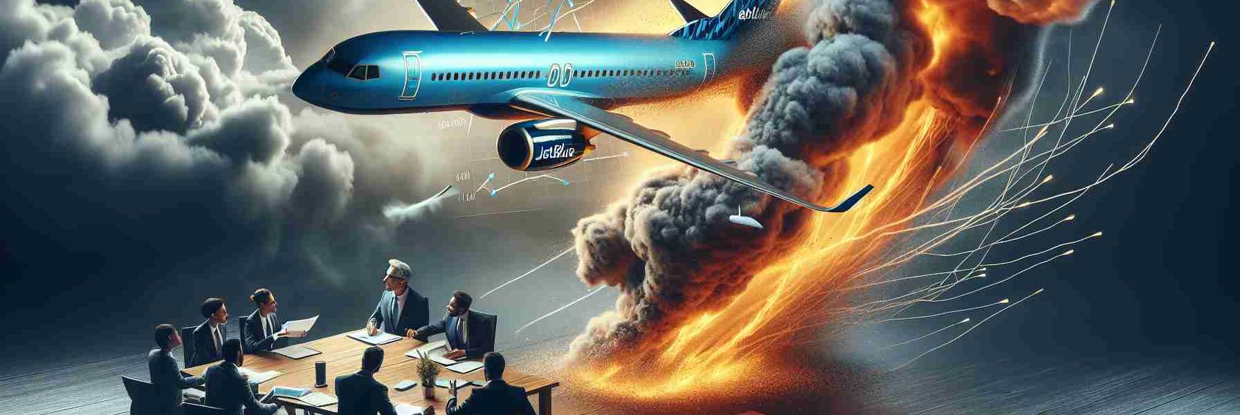 Realistically crafted, high-definition image of a representation of an airline company named 'JetBlue' implementing a significant restructuring plan in the face of tough fiscal conditions. This could include elements like a management meeting in progress with documents and charts indicating financial data spread out on a table, or perhaps a metaphorical depiction such as a plane navigating through storm clouds, symbolic of overcoming difficulties.