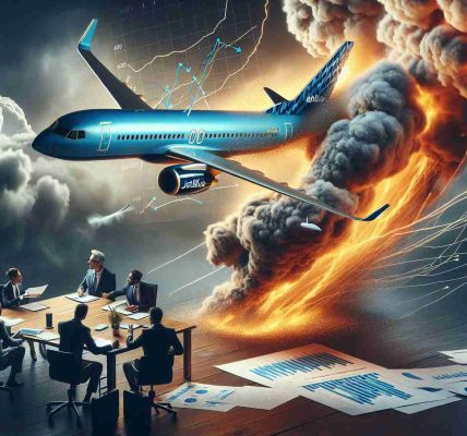 Realistically crafted, high-definition image of a representation of an airline company named 'JetBlue' implementing a significant restructuring plan in the face of tough fiscal conditions. This could include elements like a management meeting in progress with documents and charts indicating financial data spread out on a table, or perhaps a metaphorical depiction such as a plane navigating through storm clouds, symbolic of overcoming difficulties.