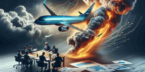 Realistically crafted, high-definition image of a representation of an airline company named 'JetBlue' implementing a significant restructuring plan in the face of tough fiscal conditions. This could include elements like a management meeting in progress with documents and charts indicating financial data spread out on a table, or perhaps a metaphorical depiction such as a plane navigating through storm clouds, symbolic of overcoming difficulties.