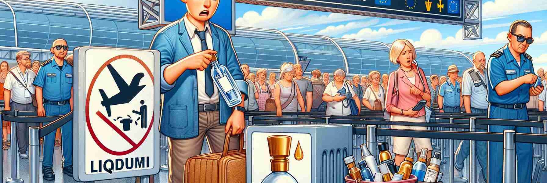 An HD image illustrating the concept of inconvenience experienced by air travelers due to the reinstatement of the 100ml liquid limit at European Union airports. Imagine a bustling airport scene with unhappy travelers standing in a long security line. One traveler, an Asian male, is visibly frustrated while trying to squeeze his larger liquid bottles into the provided plastic bag. Nearby, a Caucasian woman is reluctantly discarding a pricey perfume bottle that exceeds the limit. In the background, airport signs with symbols emphasizing the 100ml liquid limit can be seen prominently.