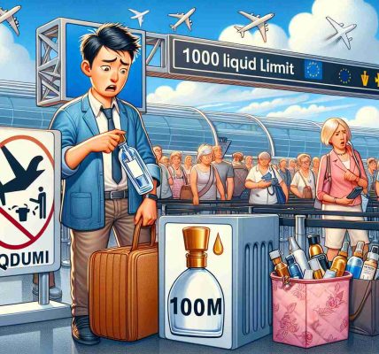 An HD image illustrating the concept of inconvenience experienced by air travelers due to the reinstatement of the 100ml liquid limit at European Union airports. Imagine a bustling airport scene with unhappy travelers standing in a long security line. One traveler, an Asian male, is visibly frustrated while trying to squeeze his larger liquid bottles into the provided plastic bag. Nearby, a Caucasian woman is reluctantly discarding a pricey perfume bottle that exceeds the limit. In the background, airport signs with symbols emphasizing the 100ml liquid limit can be seen prominently.