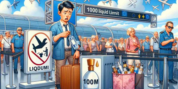 An HD image illustrating the concept of inconvenience experienced by air travelers due to the reinstatement of the 100ml liquid limit at European Union airports. Imagine a bustling airport scene with unhappy travelers standing in a long security line. One traveler, an Asian male, is visibly frustrated while trying to squeeze his larger liquid bottles into the provided plastic bag. Nearby, a Caucasian woman is reluctantly discarding a pricey perfume bottle that exceeds the limit. In the background, airport signs with symbols emphasizing the 100ml liquid limit can be seen prominently.