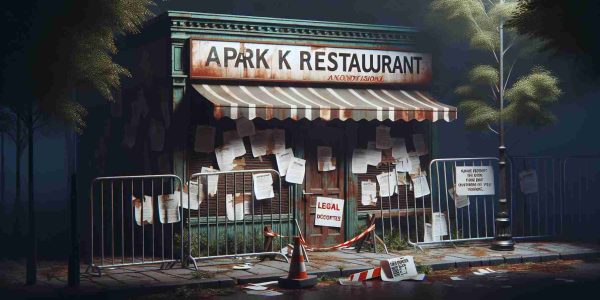 A high definition, realistic image of an anonymous park restaurant marred by a tragic incident. It appears closed and barricaded, with legal documents attached at the front. An atmosphere of sorrow and turmoil surrounds it.