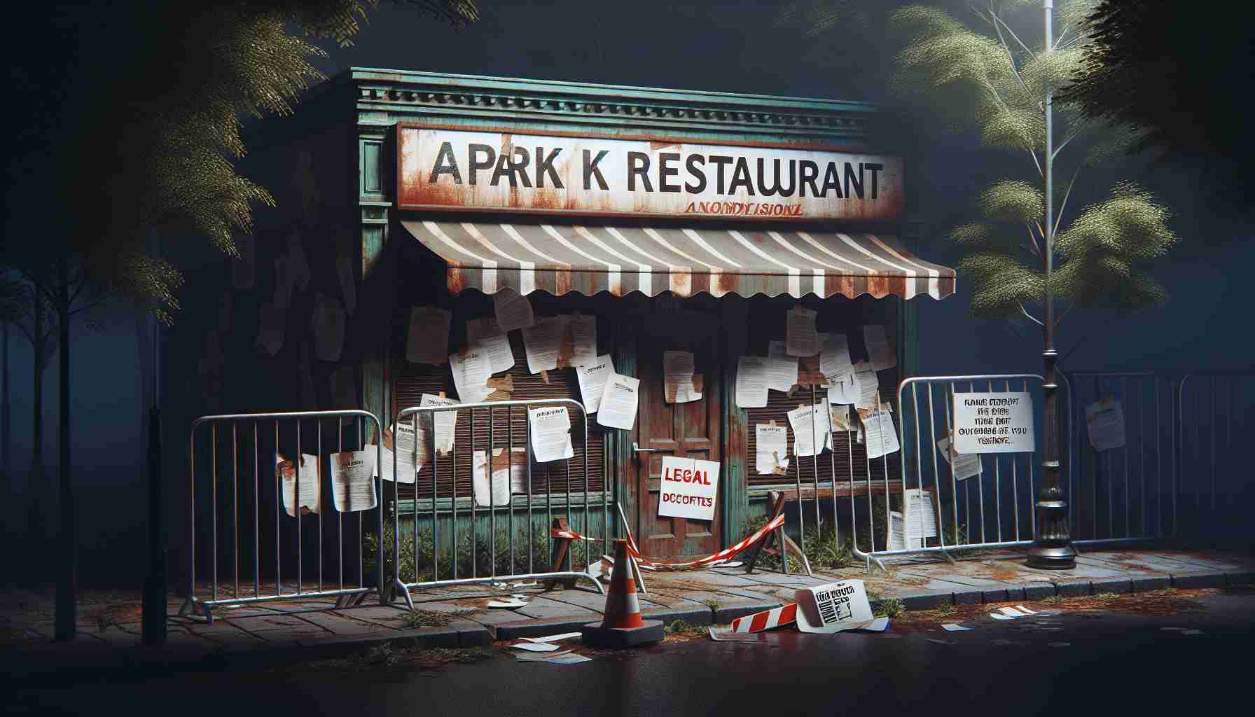 A high definition, realistic image of an anonymous park restaurant marred by a tragic incident. It appears closed and barricaded, with legal documents attached at the front. An atmosphere of sorrow and turmoil surrounds it.