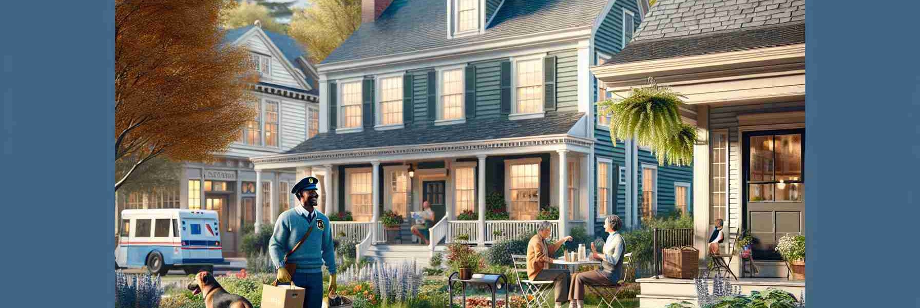 Generate a high-definition realistic image of Ashford, a charming New England town. Capture the quaint and picturesque settings that define this region, featuring vibrant trees, charming houses, and a serene ambiance. Include scenes of the locals going about their day - South Asian male mailman on the job, a Hispanic woman gardening in front of her classic colonial-style house, a Middle Eastern family walking their dog in the park, and a Black woman sitting at a cafe reading a book.