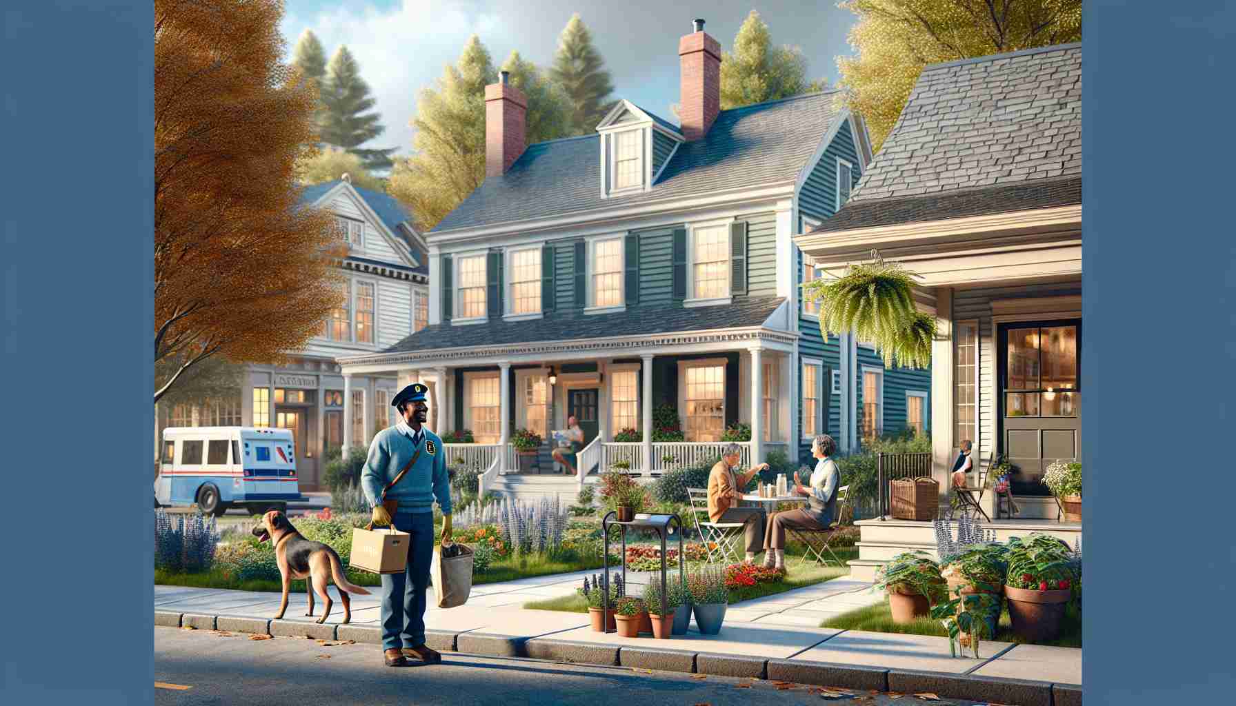 Generate a high-definition realistic image of Ashford, a charming New England town. Capture the quaint and picturesque settings that define this region, featuring vibrant trees, charming houses, and a serene ambiance. Include scenes of the locals going about their day - South Asian male mailman on the job, a Hispanic woman gardening in front of her classic colonial-style house, a Middle Eastern family walking their dog in the park, and a Black woman sitting at a cafe reading a book.