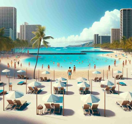 Create a hyper-realistic, high definition image displaying newly implemented regulations for the arrangement of beach equipment in Waikiki. The scene should demonstrate proper setup according to the rules: neatly arranged sun loungers, beach umbrellas erected in designated areas, and clear walking paths. Make sure to capture the iconic natural beauty of Waikiki with its turquoise waters, golden sands, and swaying palm trees. Also, include people of diverse genders and descents engaging with the equipment within the rules, signifying the enforcement of these new regulations.