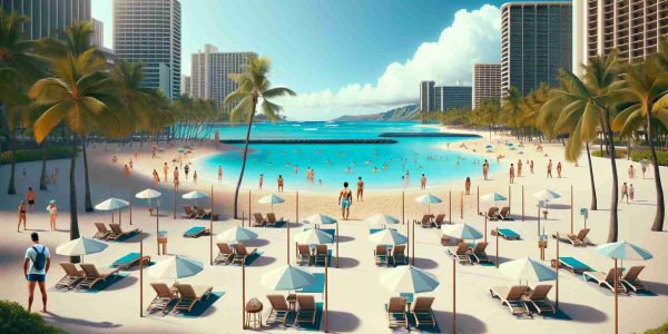 Create a hyper-realistic, high definition image displaying newly implemented regulations for the arrangement of beach equipment in Waikiki. The scene should demonstrate proper setup according to the rules: neatly arranged sun loungers, beach umbrellas erected in designated areas, and clear walking paths. Make sure to capture the iconic natural beauty of Waikiki with its turquoise waters, golden sands, and swaying palm trees. Also, include people of diverse genders and descents engaging with the equipment within the rules, signifying the enforcement of these new regulations.