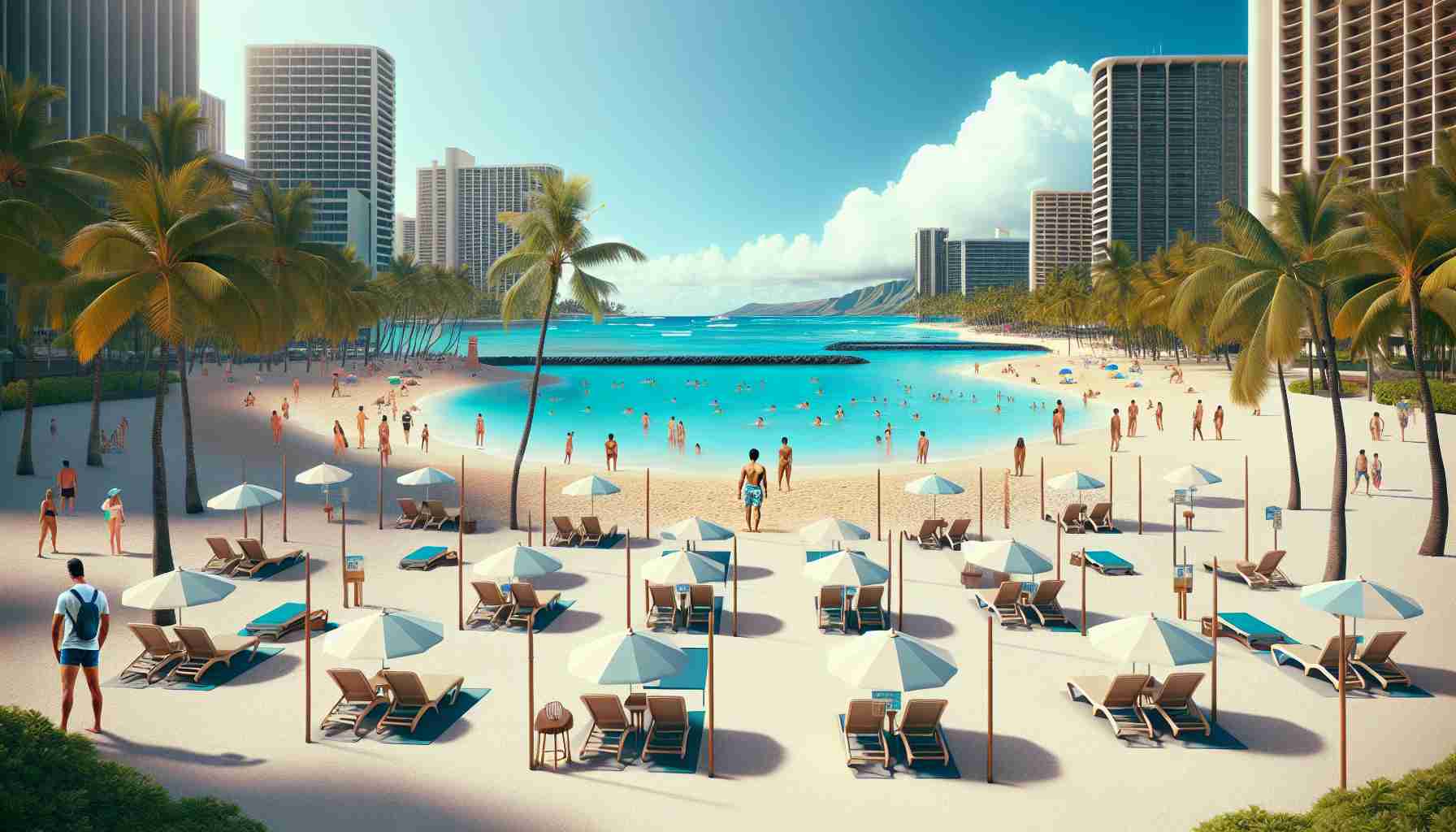 Create a hyper-realistic, high definition image displaying newly implemented regulations for the arrangement of beach equipment in Waikiki. The scene should demonstrate proper setup according to the rules: neatly arranged sun loungers, beach umbrellas erected in designated areas, and clear walking paths. Make sure to capture the iconic natural beauty of Waikiki with its turquoise waters, golden sands, and swaying palm trees. Also, include people of diverse genders and descents engaging with the equipment within the rules, signifying the enforcement of these new regulations.