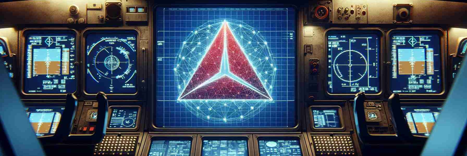 High definition image of a realistic airline's logo, implying a technology related crisis. The logo is triangular, with a red graphic against a blue backdrop, similar to Delta Airlines logo but not the same. This is placed centre-stage on a digital screen of a computationally intricate cockpit, with several digital gauges and screens malfunctioning or flashing warnings, showing a technological incident. The dimly-lit cockpit is designed to give a feeling of dusk, where the outside view shows the onset of twilight through the windshield.