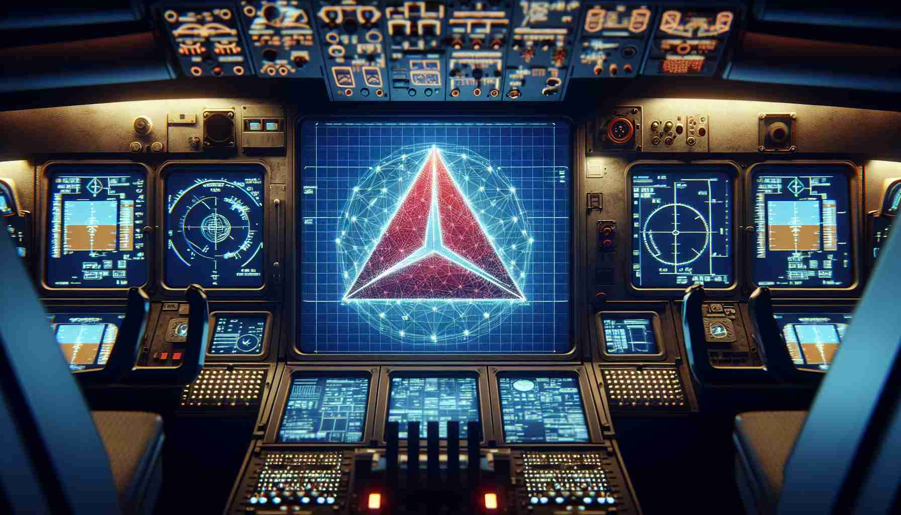 High definition image of a realistic airline's logo, implying a technology related crisis. The logo is triangular, with a red graphic against a blue backdrop, similar to Delta Airlines logo but not the same. This is placed centre-stage on a digital screen of a computationally intricate cockpit, with several digital gauges and screens malfunctioning or flashing warnings, showing a technological incident. The dimly-lit cockpit is designed to give a feeling of dusk, where the outside view shows the onset of twilight through the windshield.