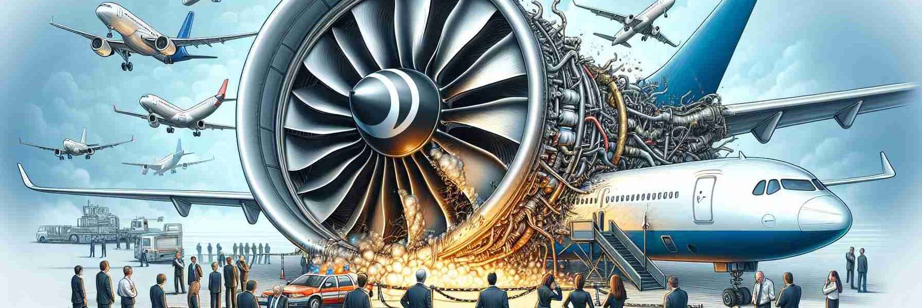 Create a realistic, high-definition image of an incident involving a Rolls-Royce airplane engine that has impacted airline operations. The scene should depict the engine in a state of malfunction with noticeable anomalies. Additionally, illustrate the ripple effect of this incident on the operations of the airline such as grounded airplanes, frustrated staff discussing the issue, and passengers looking quite anxious. Kindly adhere to the realism in the depiction of the scenario.