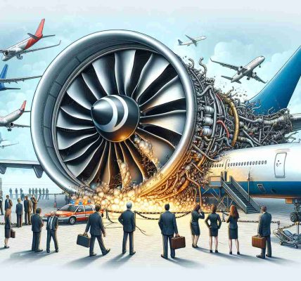 Create a realistic, high-definition image of an incident involving a Rolls-Royce airplane engine that has impacted airline operations. The scene should depict the engine in a state of malfunction with noticeable anomalies. Additionally, illustrate the ripple effect of this incident on the operations of the airline such as grounded airplanes, frustrated staff discussing the issue, and passengers looking quite anxious. Kindly adhere to the realism in the depiction of the scenario.