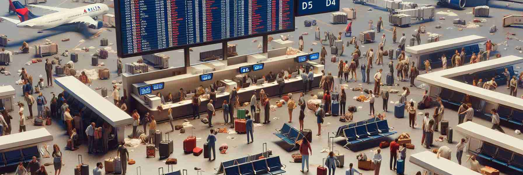 A high-resolution, realistic image depicting a chaotic airport scene to represent a service disruption. The main features include worried passengers surrounding airline counters, information board displaying numerous flight cancellations, and luggage scattered about, underlining the disruption's severity. Amidst this, a Delta Air Lines insignia is prominently displayed, representing the airline demanding compensation for the service disruption.