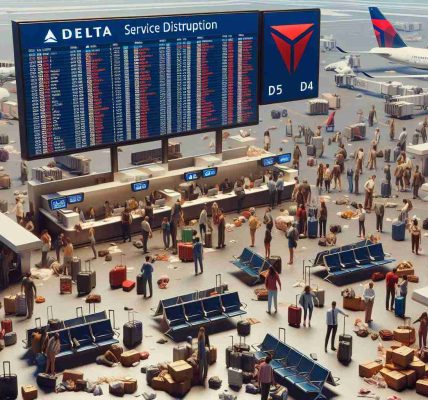 A high-resolution, realistic image depicting a chaotic airport scene to represent a service disruption. The main features include worried passengers surrounding airline counters, information board displaying numerous flight cancellations, and luggage scattered about, underlining the disruption's severity. Amidst this, a Delta Air Lines insignia is prominently displayed, representing the airline demanding compensation for the service disruption.