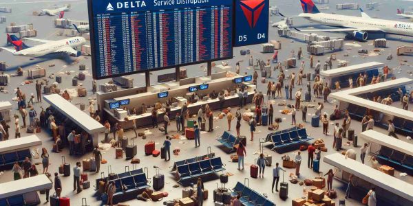 A high-resolution, realistic image depicting a chaotic airport scene to represent a service disruption. The main features include worried passengers surrounding airline counters, information board displaying numerous flight cancellations, and luggage scattered about, underlining the disruption's severity. Amidst this, a Delta Air Lines insignia is prominently displayed, representing the airline demanding compensation for the service disruption.