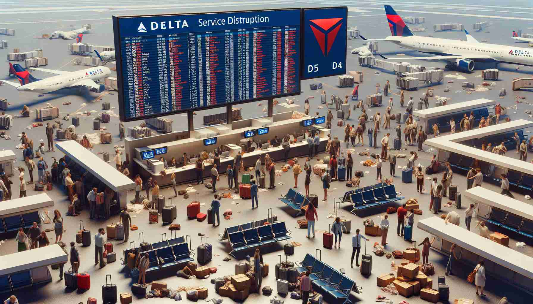 A high-resolution, realistic image depicting a chaotic airport scene to represent a service disruption. The main features include worried passengers surrounding airline counters, information board displaying numerous flight cancellations, and luggage scattered about, underlining the disruption's severity. Amidst this, a Delta Air Lines insignia is prominently displayed, representing the airline demanding compensation for the service disruption.