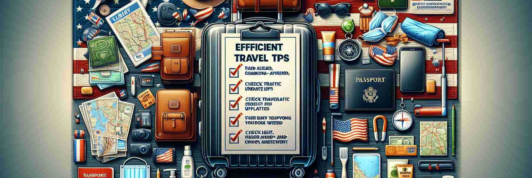 Create a high definition, very detailed and realistic image depicting Efficient Travel Tips for Labor Day Weekend. The image should feature well-organized travel gear including but not limited to luggage, passport, maps, and compass. Add symbols representing travel safety such as a mask and sanitizer. Include a checklist highlighting travel tips like planning ahead, checking traffic updates and packing light. Set it against a backdrop of a Labor Day Weekend theme with patriotic elements like flags or fireworks. Text provided should be crisp and clear for understanding.