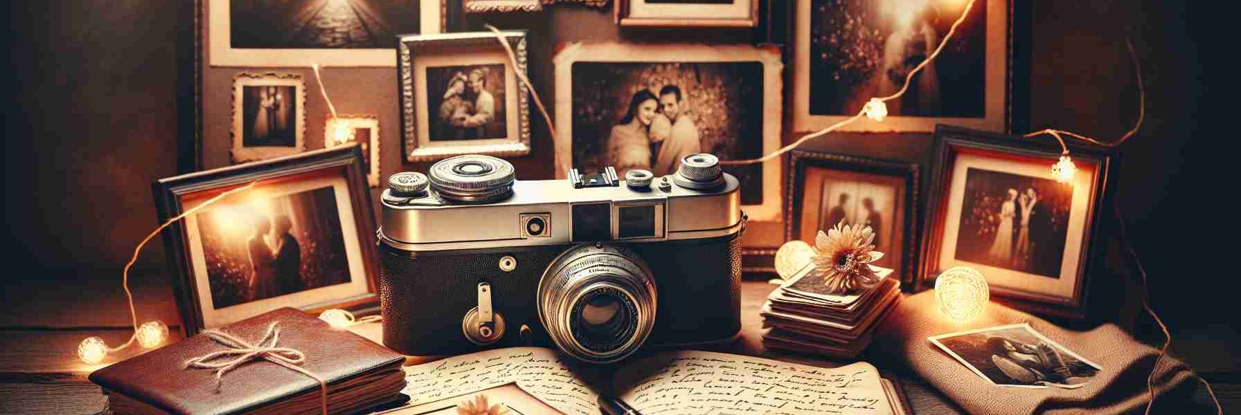 An ultra high-resolution image showcasing the concept of 'The Art of Capturing Memories'. The composition includes a vintage analog camera, some splendidly framed photographs representing cherished moments, a hand-written diary filled with nostalgic entries, and softly glowing string lights. The scene conveys a warm, nostalgic mood with a rustic charm.