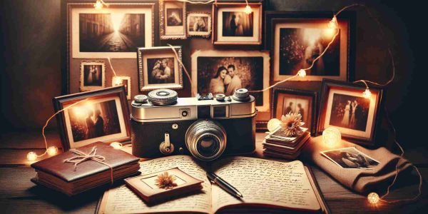 An ultra high-resolution image showcasing the concept of 'The Art of Capturing Memories'. The composition includes a vintage analog camera, some splendidly framed photographs representing cherished moments, a hand-written diary filled with nostalgic entries, and softly glowing string lights. The scene conveys a warm, nostalgic mood with a rustic charm.