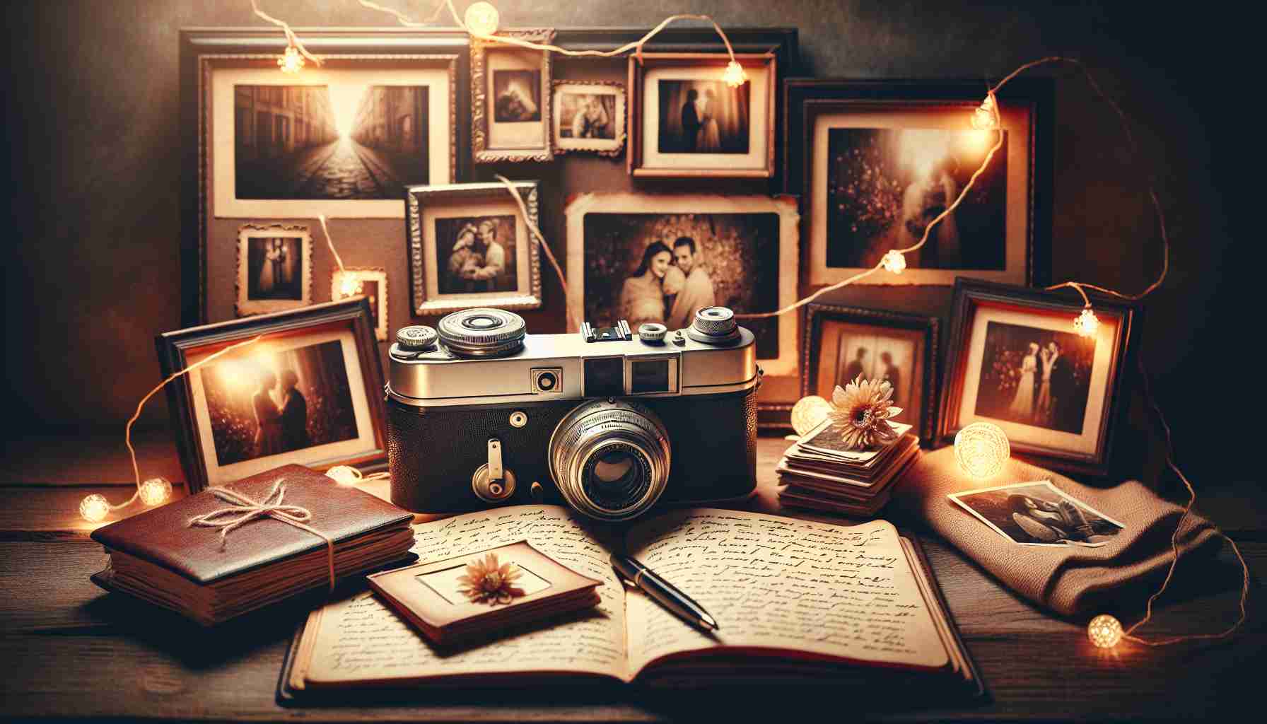 An ultra high-resolution image showcasing the concept of 'The Art of Capturing Memories'. The composition includes a vintage analog camera, some splendidly framed photographs representing cherished moments, a hand-written diary filled with nostalgic entries, and softly glowing string lights. The scene conveys a warm, nostalgic mood with a rustic charm.