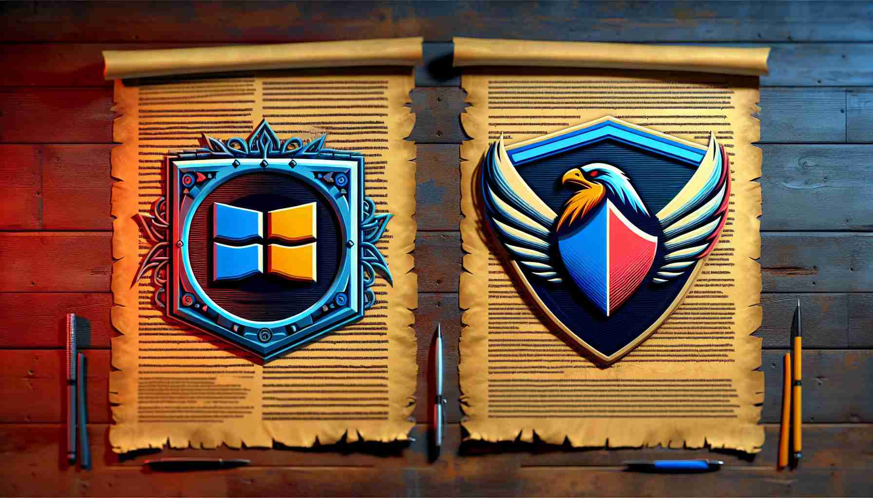 Create a hyper-realistic high-definition image of two imagined, stylized logos representing tech companies. The first logo should have a motif of a window to symbolically represent a software giant. The second logo represents a cybersecurity firm and should have a motif of a shield combined with a hawk. These logos are responding to a metaphorical parchment document that has inscriptions of concerns raised by an airline company symbolized by an abstract delta symbol.