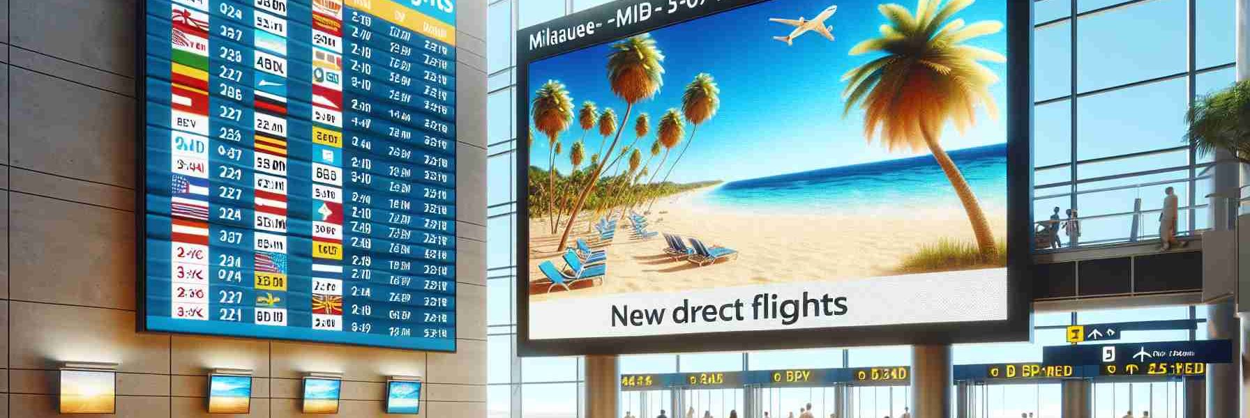 Realistic high-definition image of a bright digital billboard inside the airport in Milwaukee, displaying the announcement of new direct flights to various sunny holiday destinations. The board features the airport logo, flight numbers, departure times, along with pictures of sandy beaches, clear blue skies, and towering palm trees from these sunny locations. Passengers are wandering nearby, waiting for their flights.