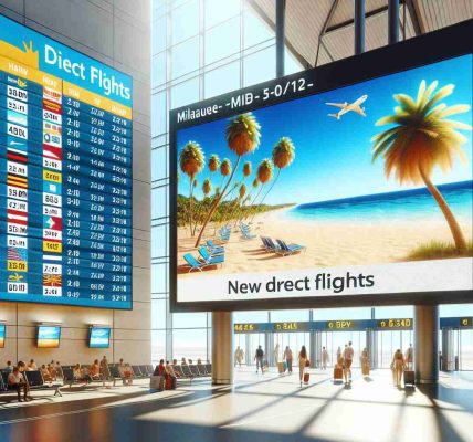 Realistic high-definition image of a bright digital billboard inside the airport in Milwaukee, displaying the announcement of new direct flights to various sunny holiday destinations. The board features the airport logo, flight numbers, departure times, along with pictures of sandy beaches, clear blue skies, and towering palm trees from these sunny locations. Passengers are wandering nearby, waiting for their flights.