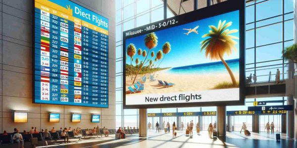 Realistic high-definition image of a bright digital billboard inside the airport in Milwaukee, displaying the announcement of new direct flights to various sunny holiday destinations. The board features the airport logo, flight numbers, departure times, along with pictures of sandy beaches, clear blue skies, and towering palm trees from these sunny locations. Passengers are wandering nearby, waiting for their flights.